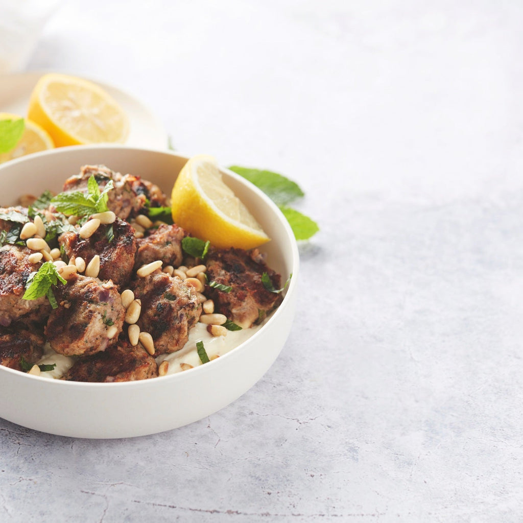 Grilled lamb meatballs with a delicious feta dip