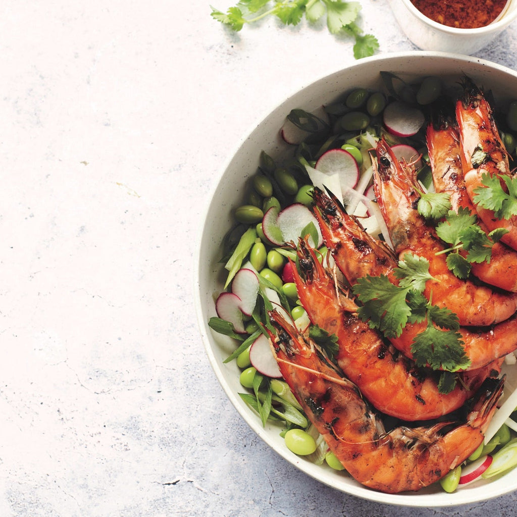 Grilled prawns on the BBQ with edamame salad